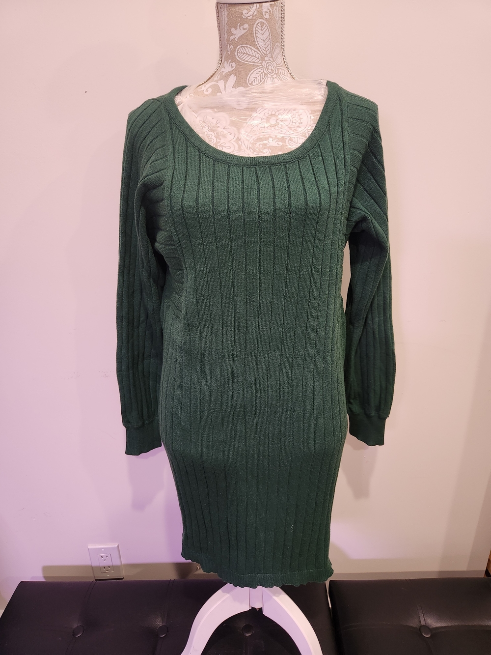 Classic Ribbed Scoop Neck Long Sleeve Sweater Dress - Green